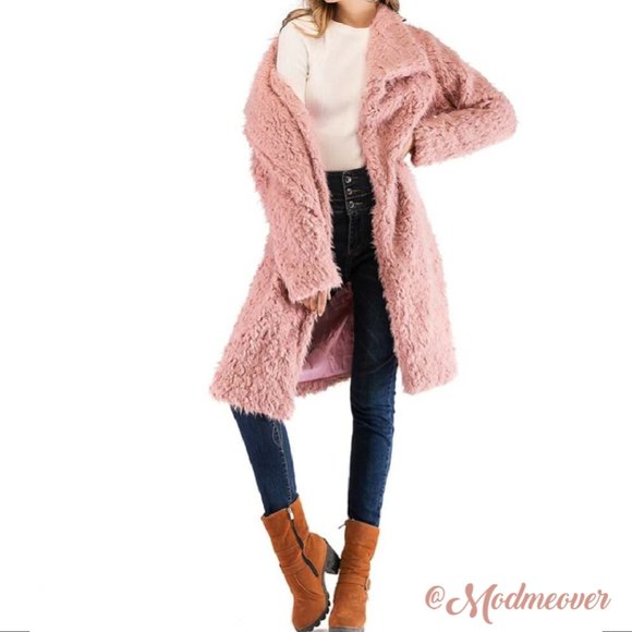 Mod Me Over Jackets & Blazers - Pink Long Open Front Waterfall Teddy Coat NEW